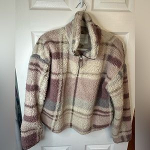 Thread & Supply Cream/Tan/Pink Striped Soft Sherpa Half Zip Pullover Size S GUC